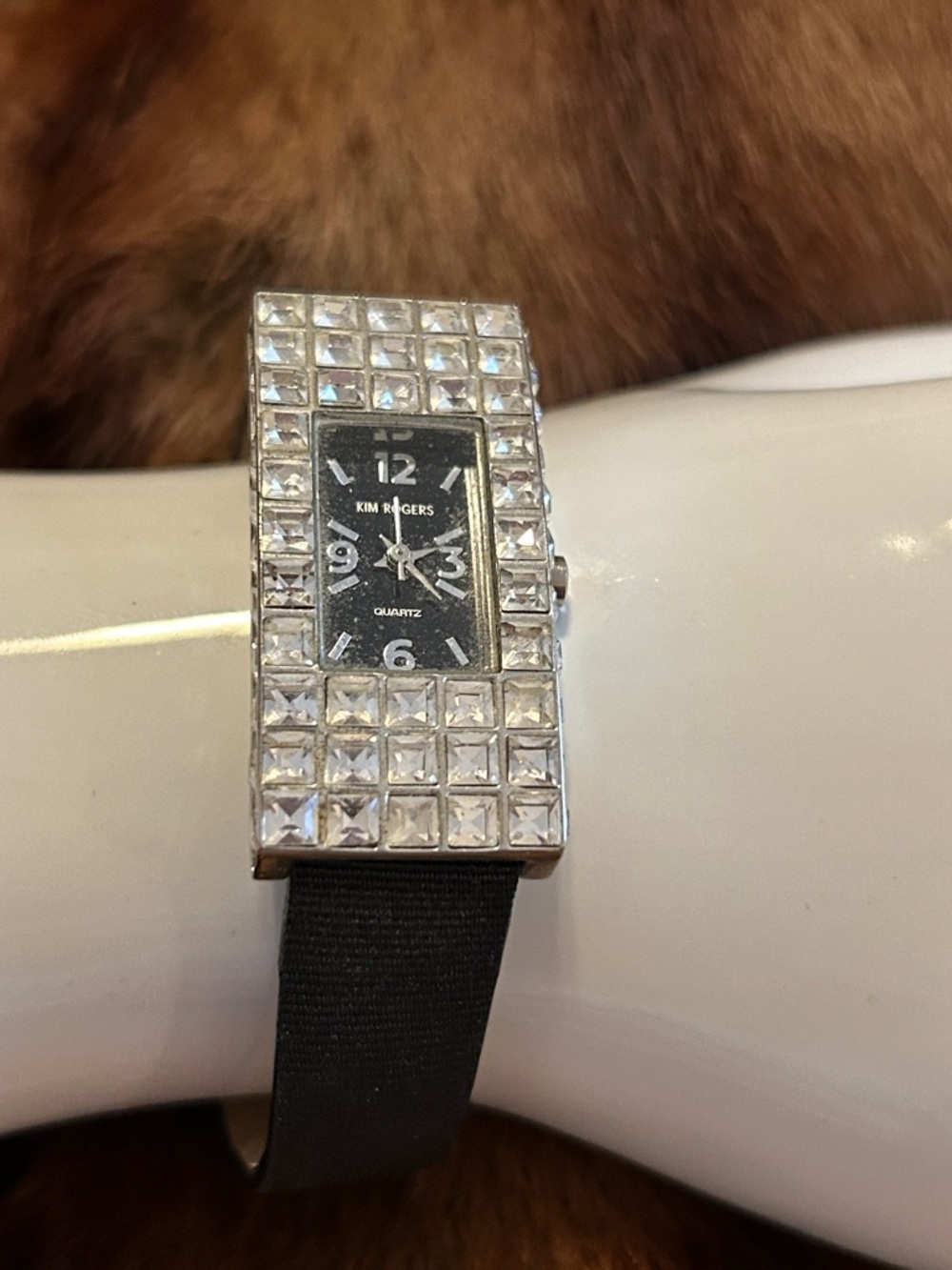 Kim Rogers Silver Crystal-Embellished Rectangular Watch with Black Dial